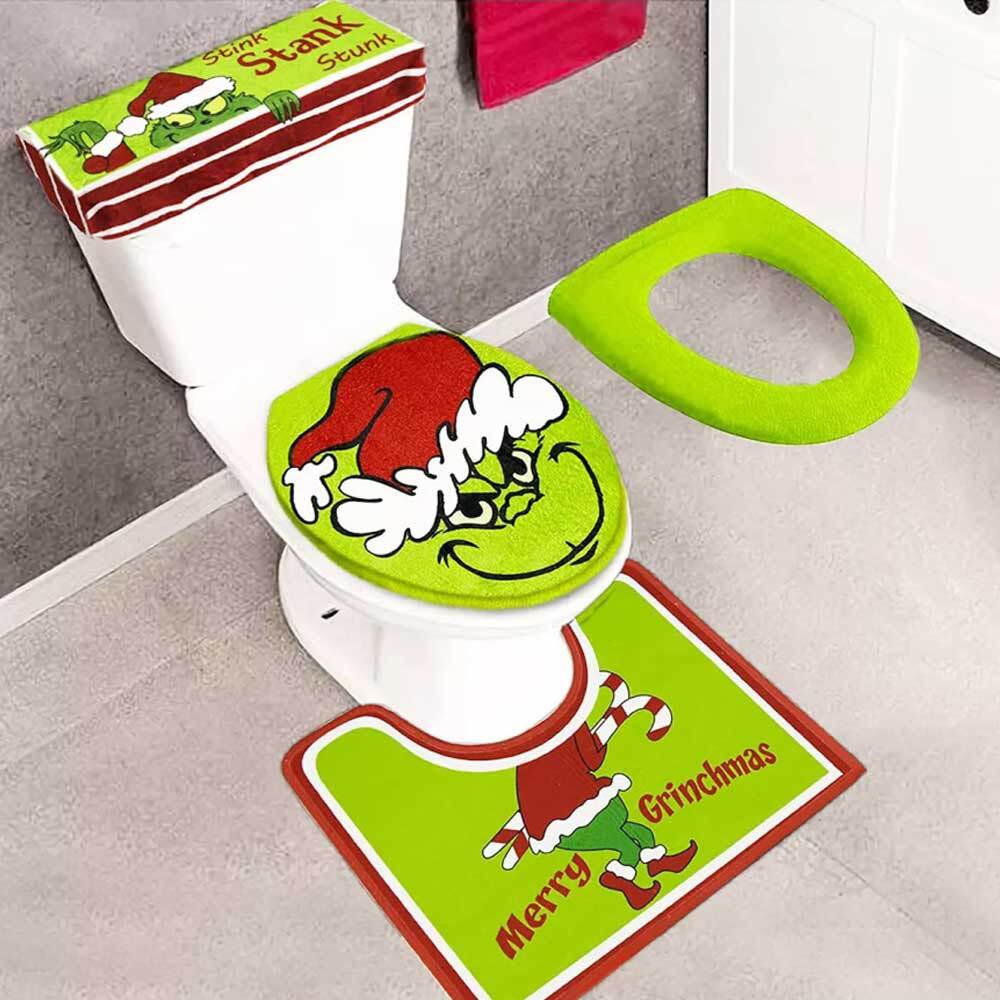 NEW Christmas Grinchs Bathroom Decor Set Toilet Seat Cover Xmas Home Decoration