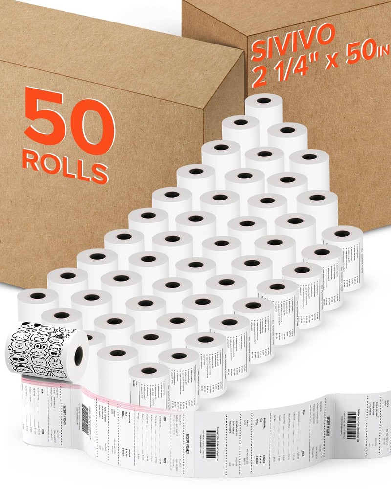 2 1/4 x 50ft Thermal Receipt Paper Rolls 50pk No-Fade Thicker Thermal Paper