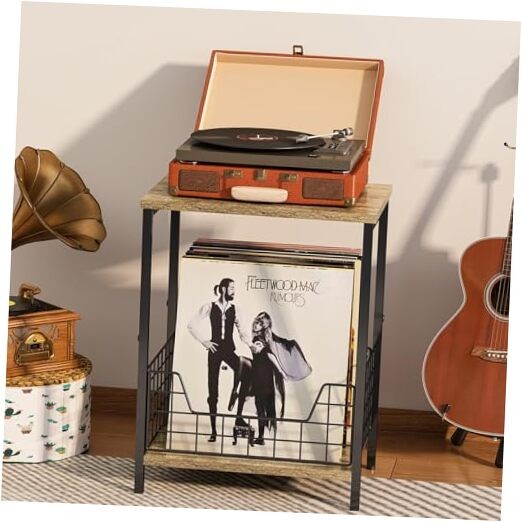 X-cosrack 2-Tier Record Player Table, Industrial Retro Side Table Nightstand