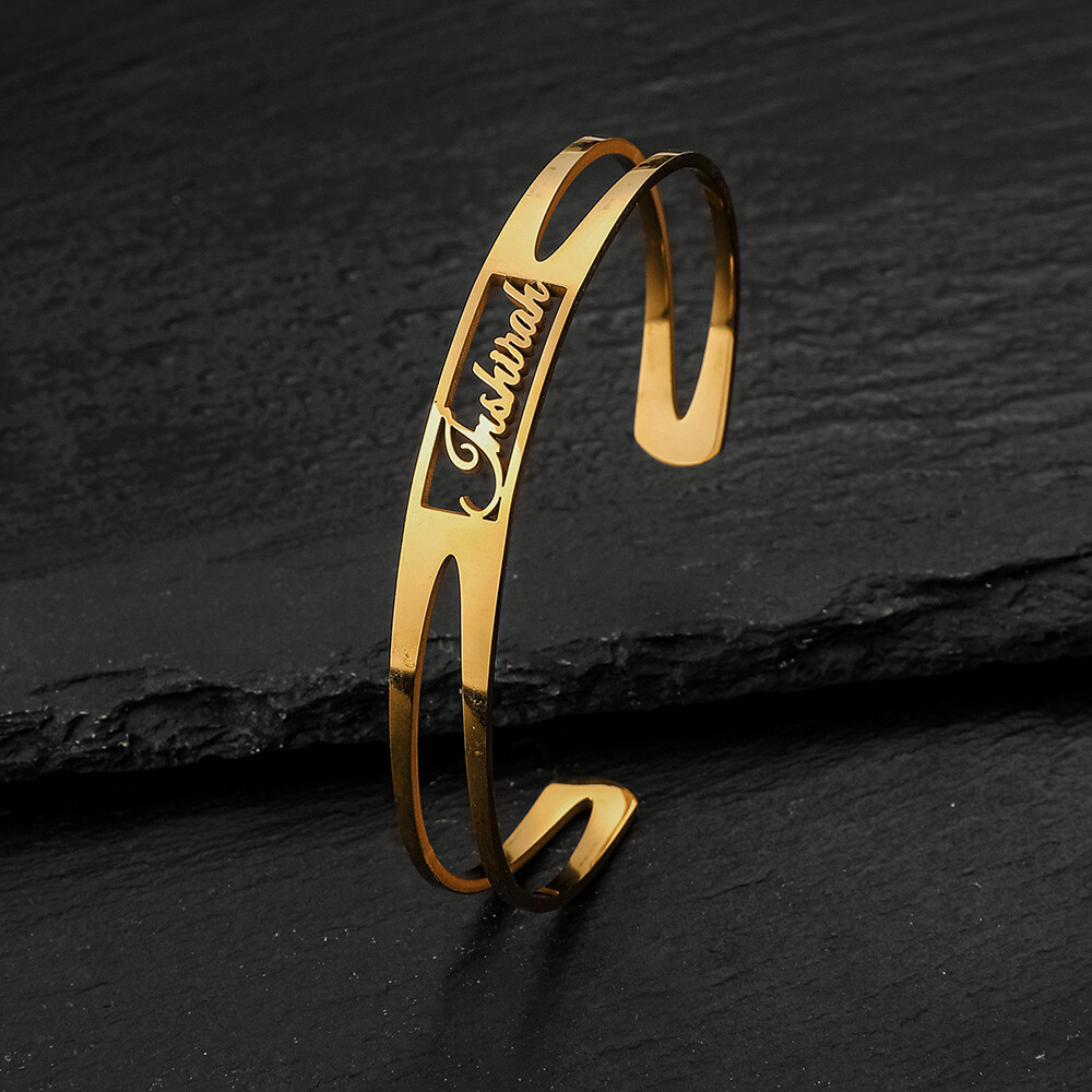 Custom Name Engraved Hollow Stainless Steel Bracelet Bangle-image