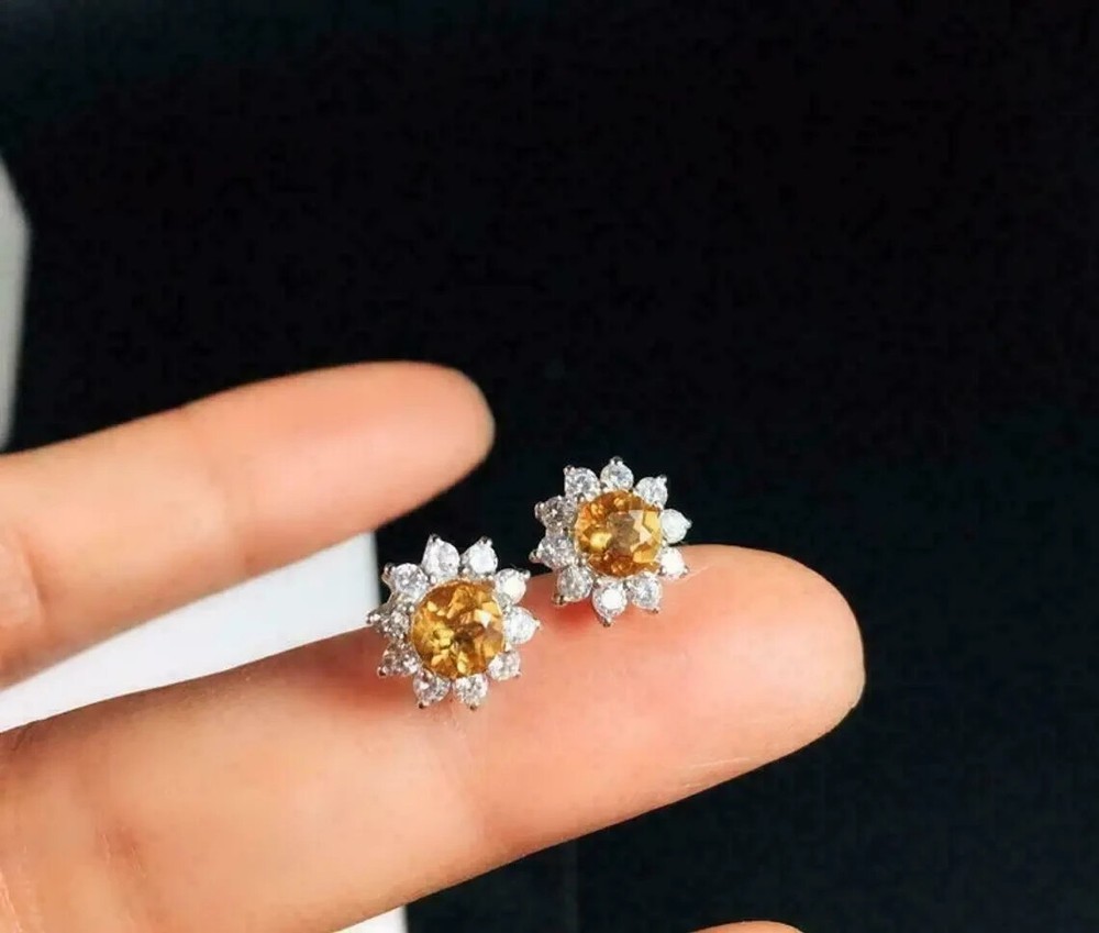 Delicate 2Ct Round Cut Yellow Citrine Sunflower Stud Earrings in 14k White Gold