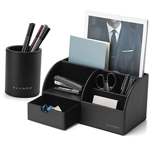 Leather Office Desk Organizer Caddy with Drawer for Stationery Storage and Clutter-Free Workspace