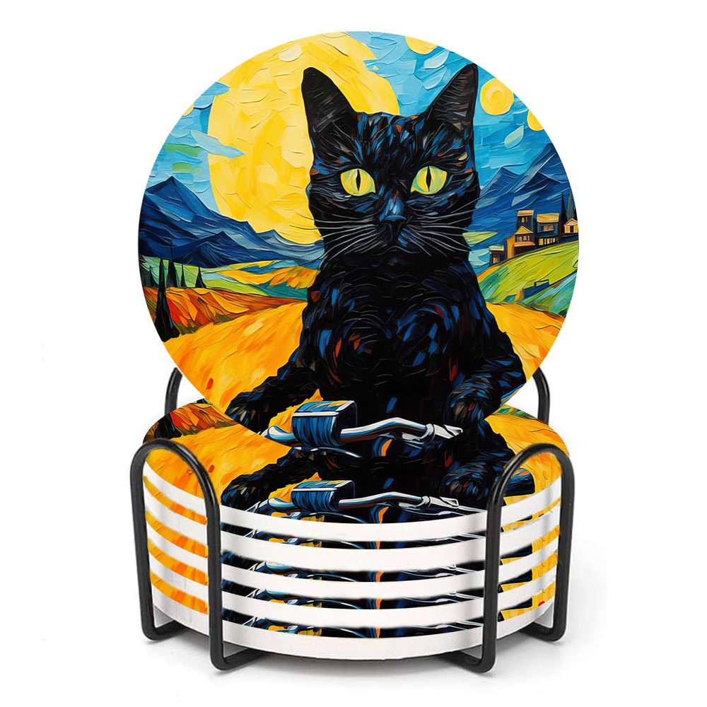 Black Cat Coasters Set of 6 for Drinks,Round Absorbent Ceramic Stone Coaster ...