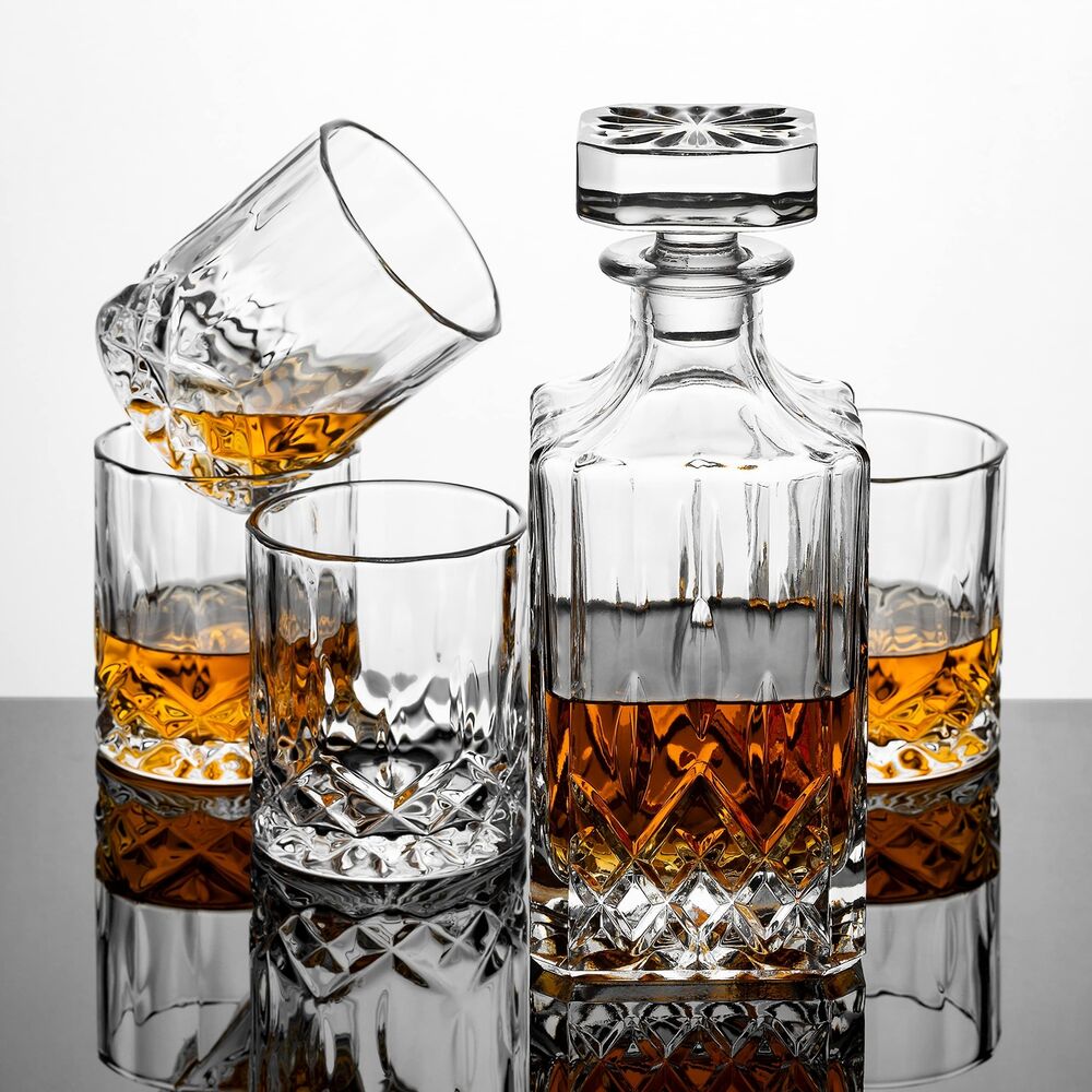 Whiskey Decanter Set with 4 Glasses in Gift Box, Unique Anniversary Housewarm...