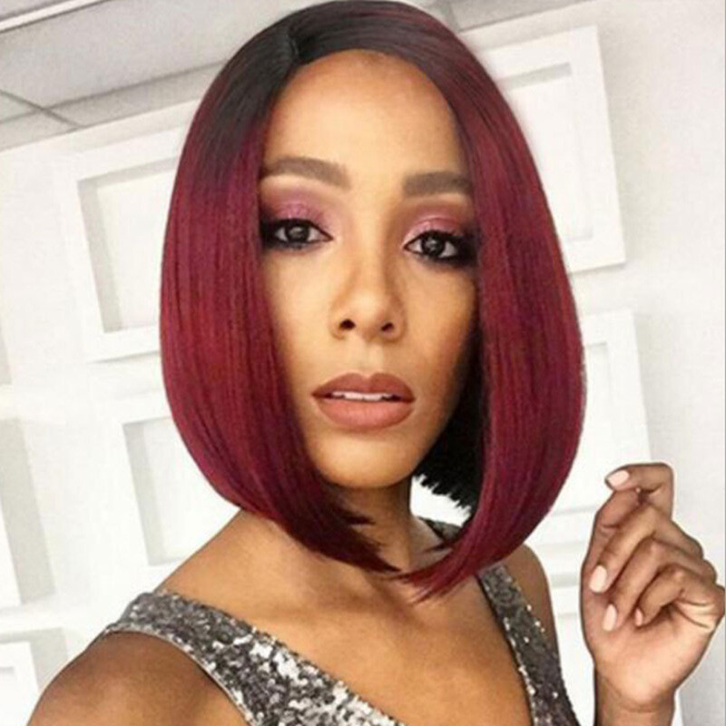 Burgundy Ombre Short Bob Wig Glueless Synthetic 99J Red Hair for Women