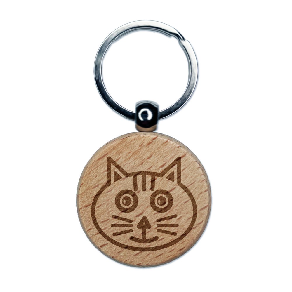 Charming Cat Face Engraved Wood Round Keychain Tag Charm