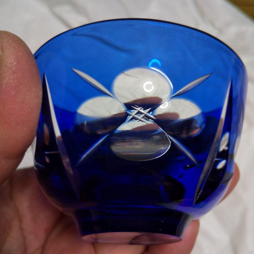 Kamei Glass Kiriko Blue & Clear Sake Cup - Handmade Glassware