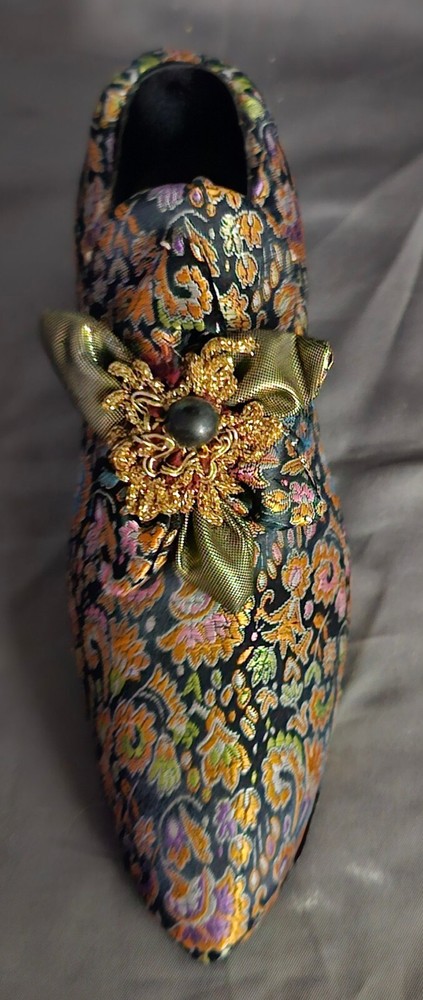 Vintage Miniature Brocade Embellished Shoe Victorian Vanity Trinket Keeper