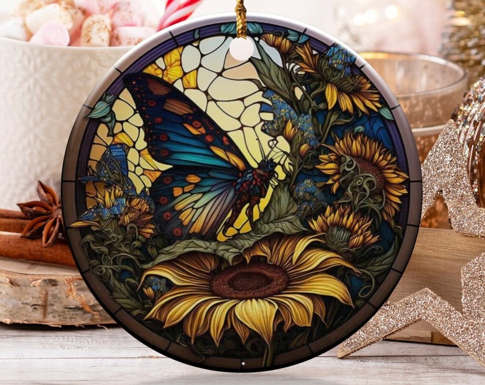 Butterfly Sunflower Ornament Round Glass Suncatcher Nature Inspired Home Decor