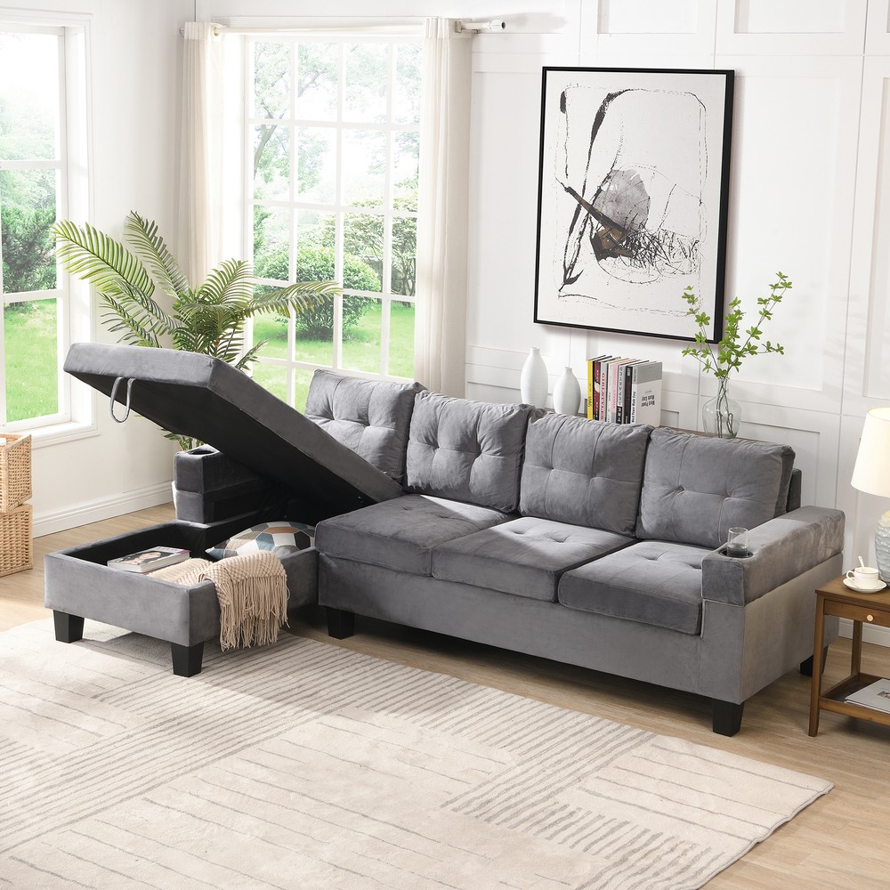 Modern L-Shape Sectional Sofa with Chaise, Cup Holders, and Luxurious Leather Upholstery for Living Room