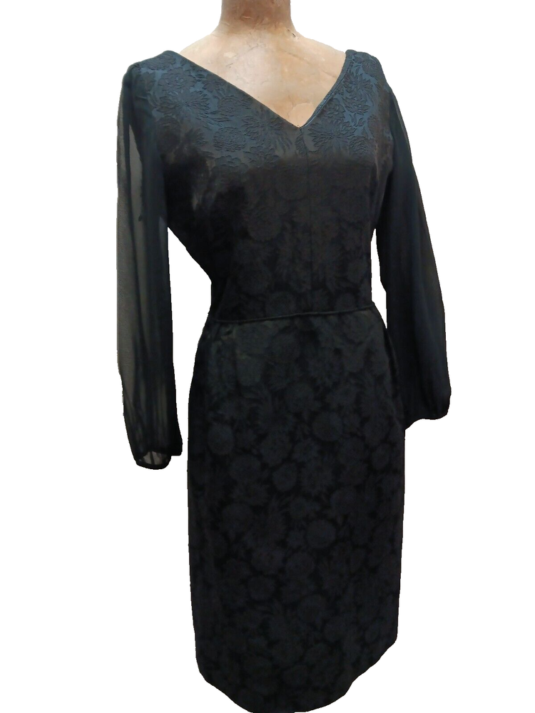 Vintage 1960's Black Rayon Brocade & Chiffon Cocktail Dress by Fig Leaf M
