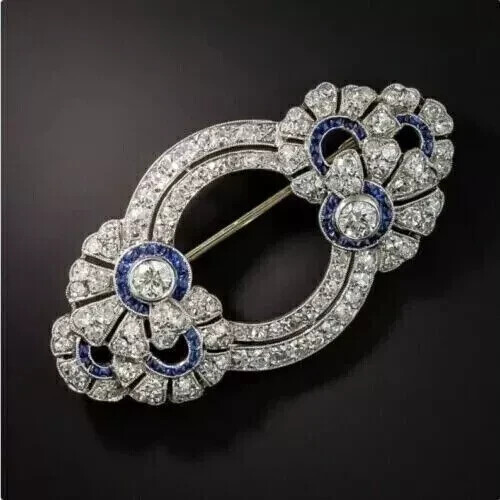 2Ct Round Simulated Blue Sapphire Wedding Brooch Pin in 14K White Gold Plated