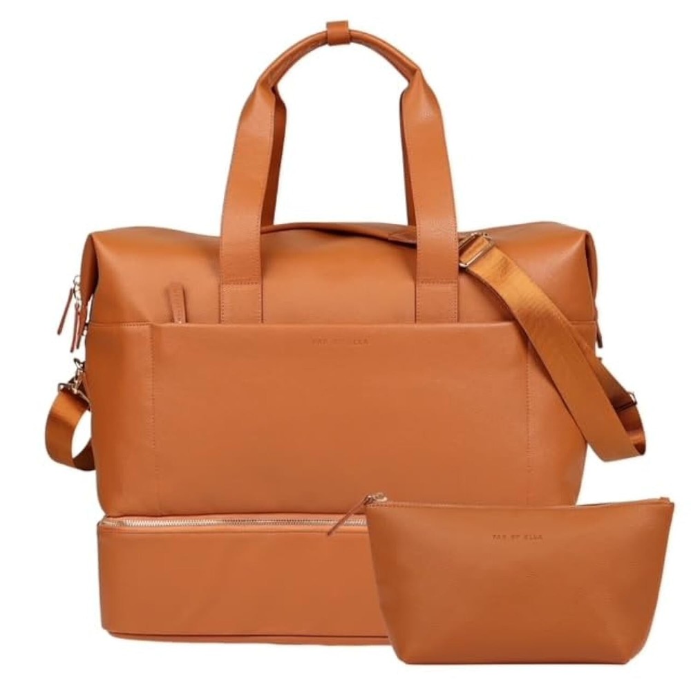 Leather Weekender Bag with Shoe Compartment & Vanity Bag- Organized Travel To...