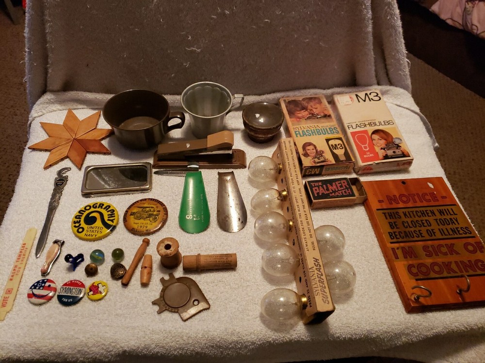 junk drawer lot vintage collectibles, Button Pins, Flash Bulbs,  Lens, Stapler,