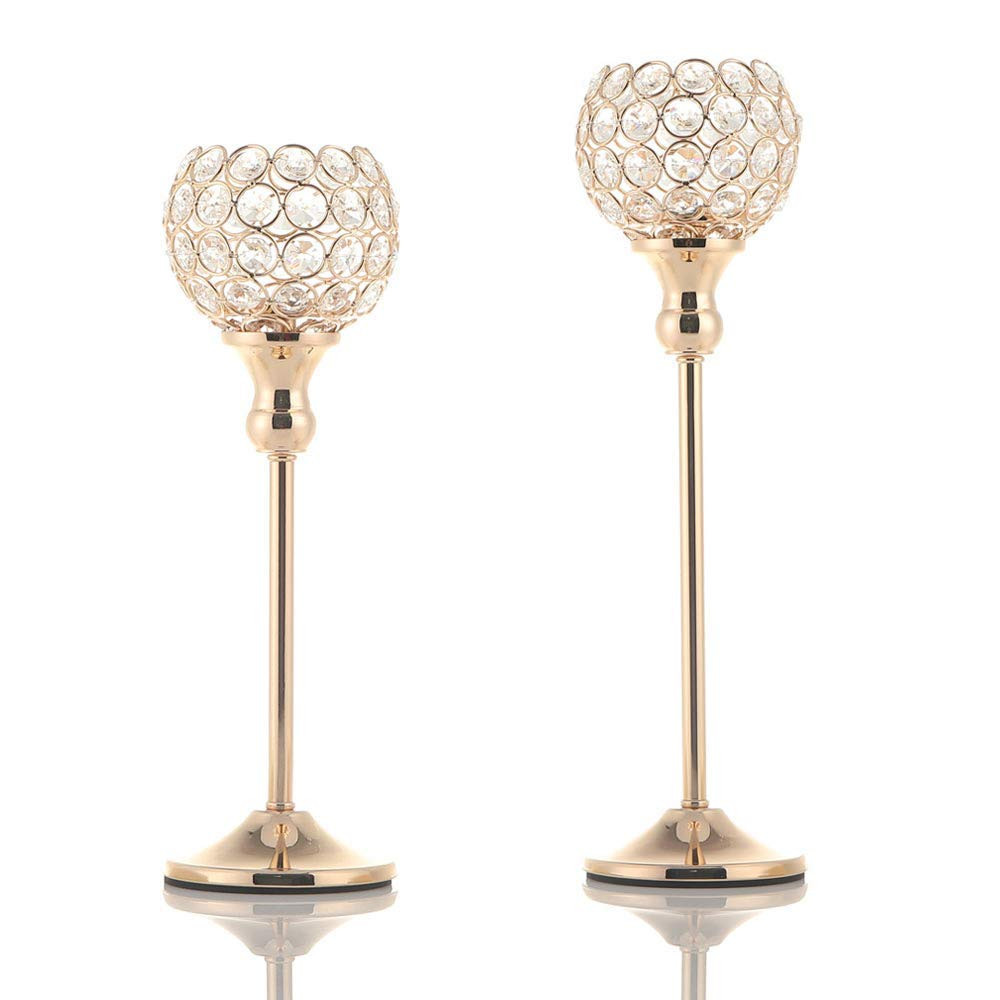Gold Crystal Candle Holders Set of 2,Pillar Candlesticks for Table Centerpiec...