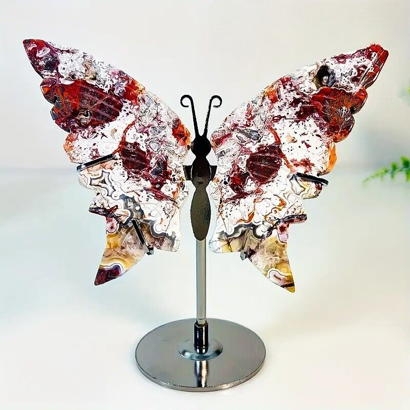 Natural Mexican Agate Carved Butterfly Wing Reiki Crystal Decor + Stand