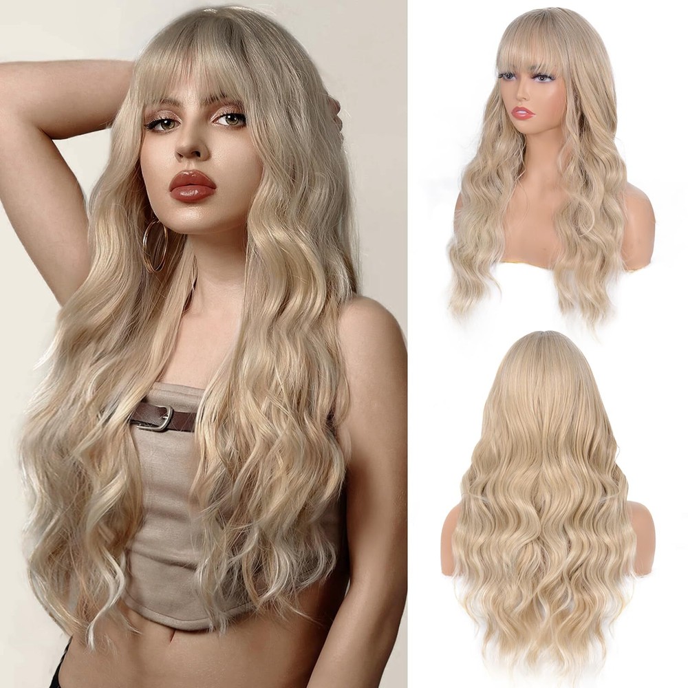 Ash Blonde Wig with Bangs for Women Long Blonde Wavy Curly Wig Heat Resistant...