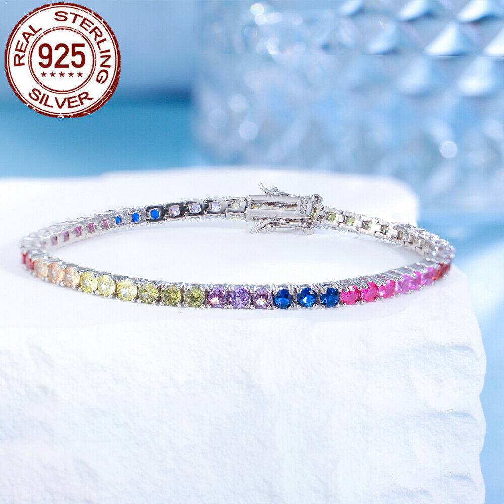 925 Sterling Silver Multicolor Round CZ Tennis Bracelet