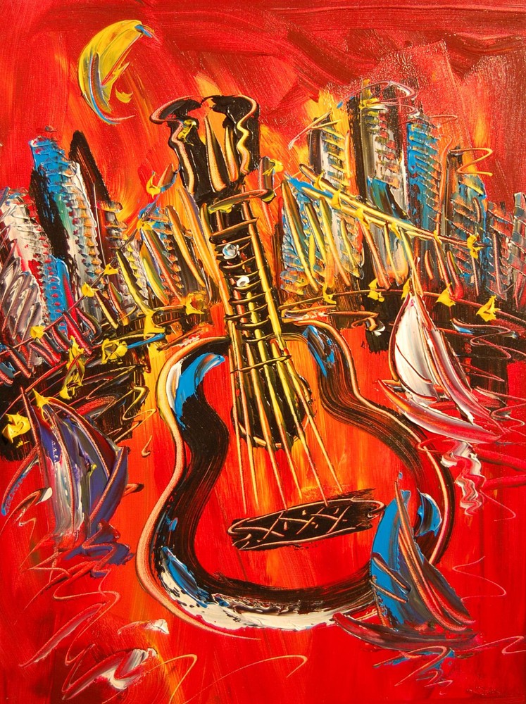 GUITAR  ORIGINAL PAINTING  IMPRESSIONIST     impasto wall decor CONTEMPORARY N4R