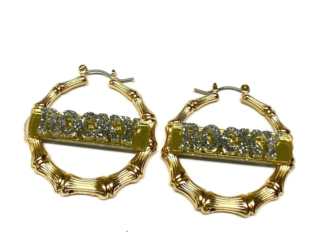 Custom Gold Bamboo Name Earrings with Laser-Cut Diamond Design 1.5 Inch-image