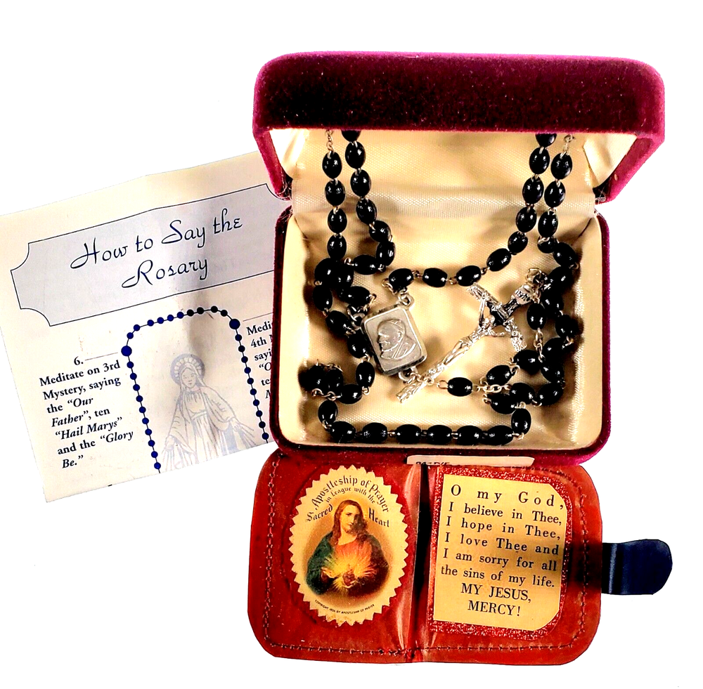 Vintage Deluxe Crucifix and Wood Bead Papal Rosary from Italy Chapel-image