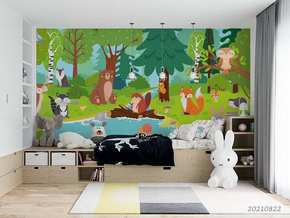 3D Cartoon Forest River Animal Wall Murals Wallpaper Murals Wall Sticker 158