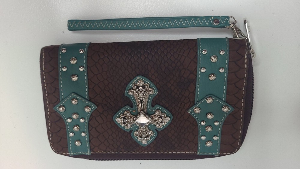 Western Turquoise Brown Rhinestone Crossbody Wallet Wristlet by P&G