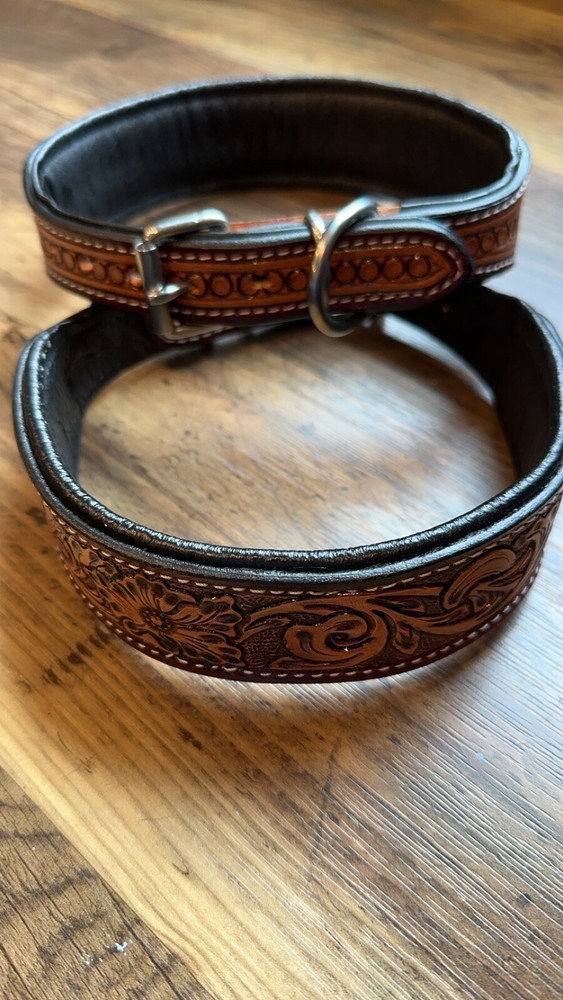 LEATHER DOG COLLAR Hand Tooled Brown Leather - SIZE LARGE - ships From US)