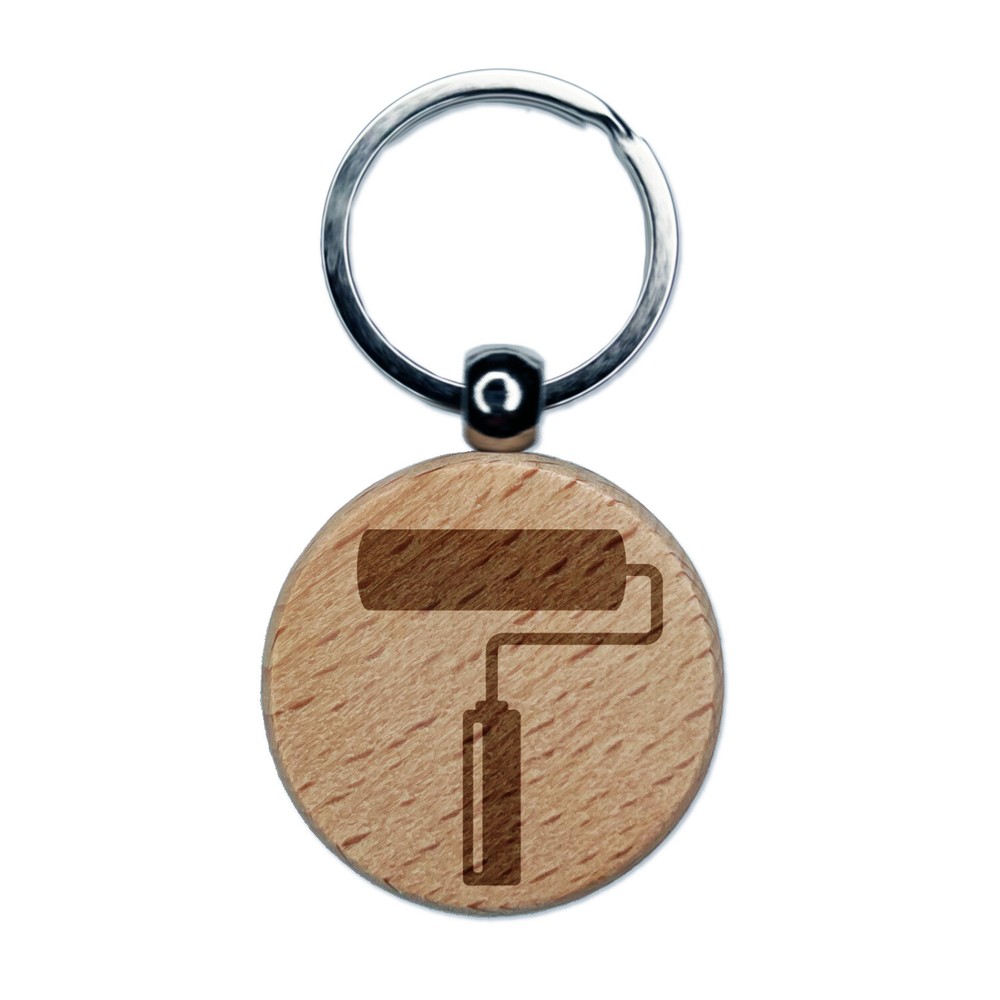 Paint Roller Painting Engraved Wood Round Keychain Tag Charm