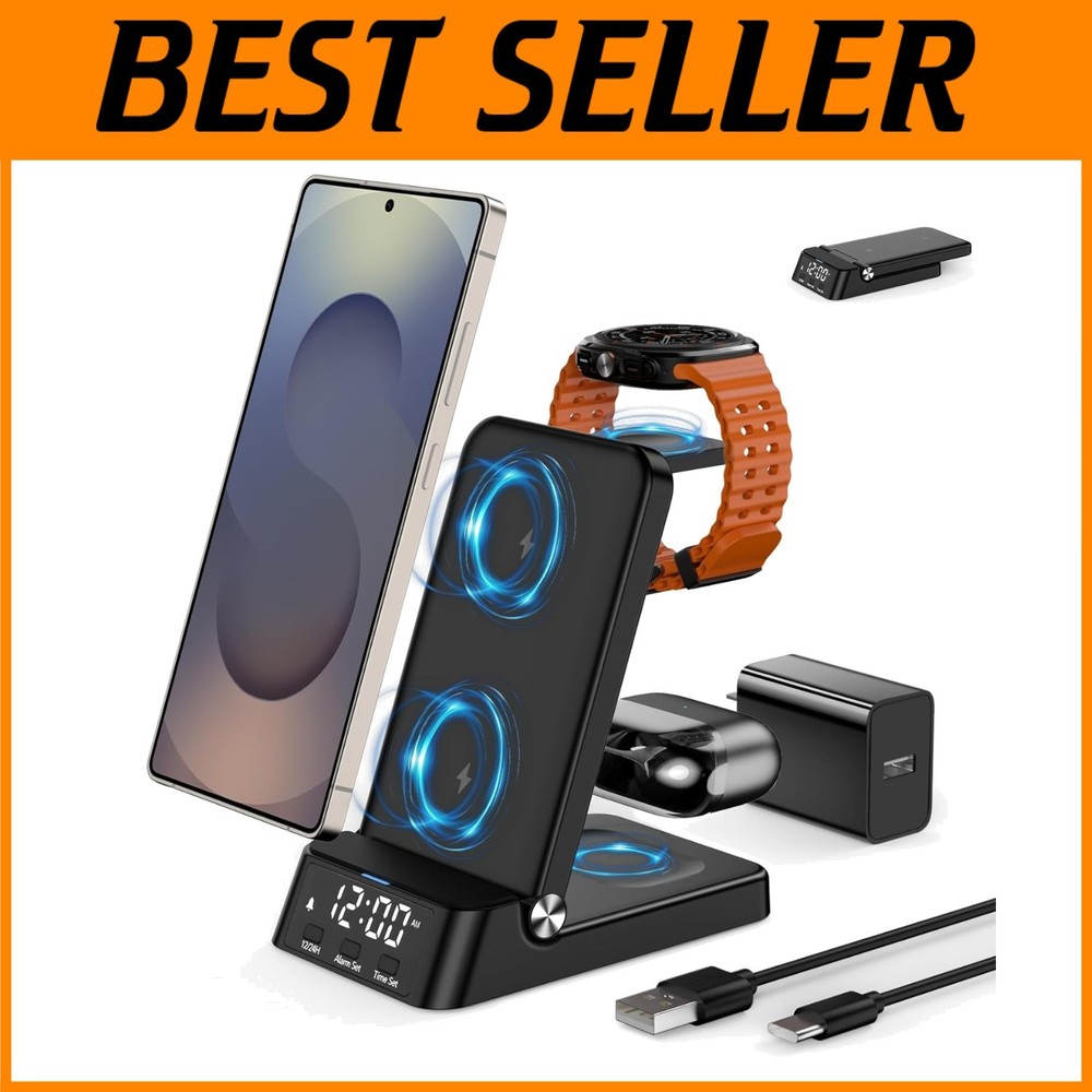 Slim 4-in-1 Wireless Charger with Digital Clock for Samsung Galaxy