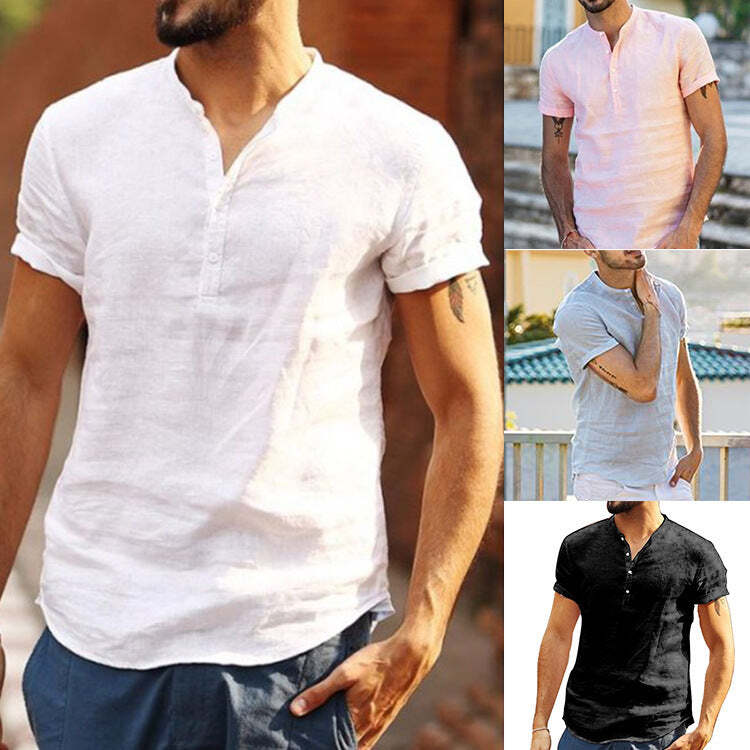 Stand collar cotton linen short sleeve shirt