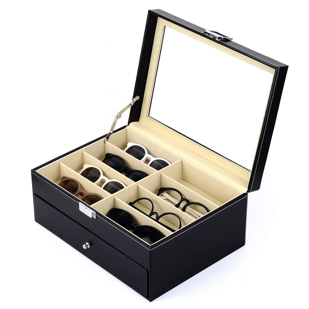 Siveit 16 Slot Sunglass Organizer Leather Eyeglasses Collector Eyewear Displa...