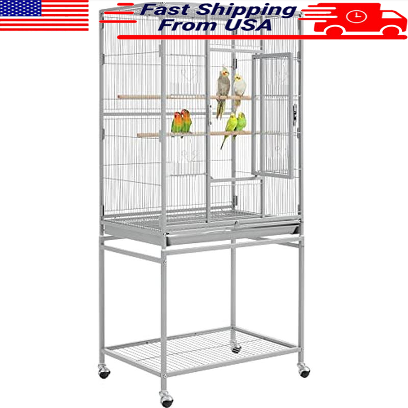 Large Parrot Cage W/ Stand Secure Mobile Feeder Doors Easy Clean Design Durable