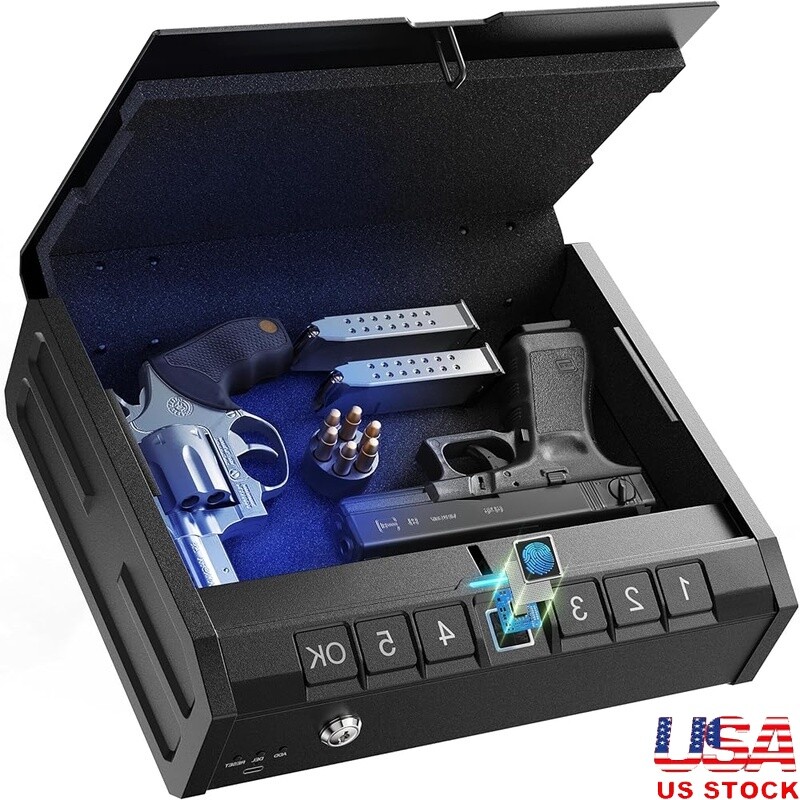 Biometric Fingerprint Gun Safe with Emergency Power Internal Light and Security Cable-image