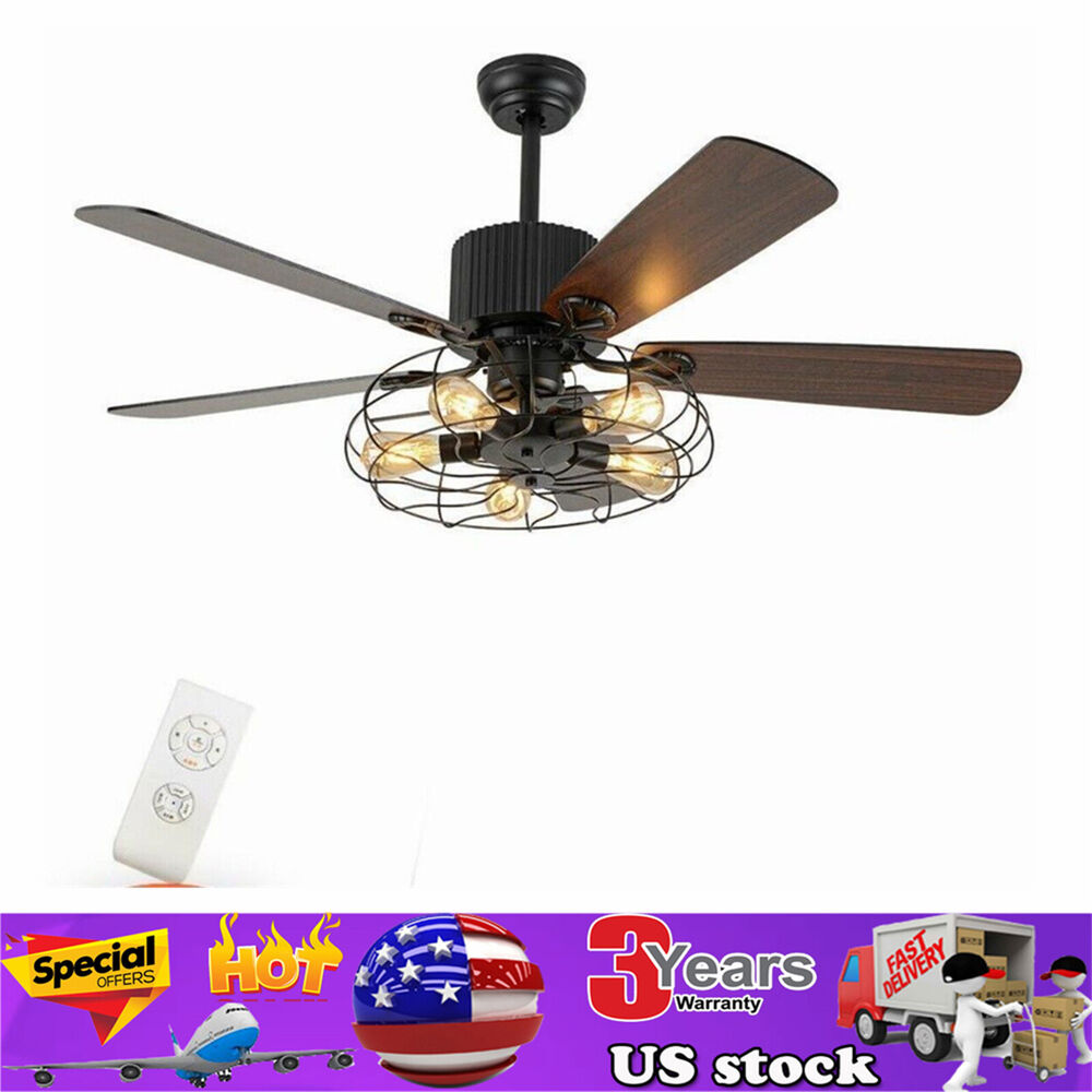 52'' Farmhouse Ceiling Fan Lamp Industrial Rustic Cage Metal LED Light W/ Remote