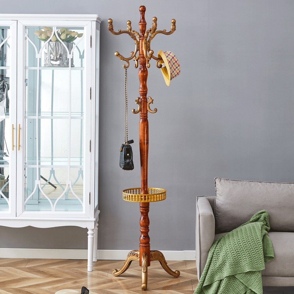 Vintage Wooden Freestanding Coat Rack with Hat Hooks and Key Tray - Sturdy Triangle Design  