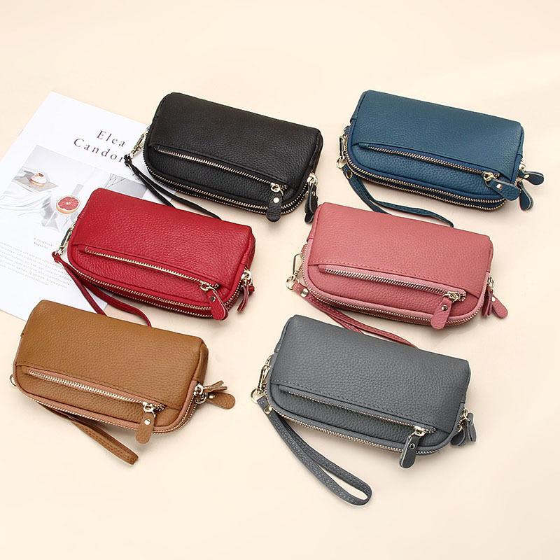 Leather Double Zipper Wallet for Women - Medium Multicolor Credit Card Holder