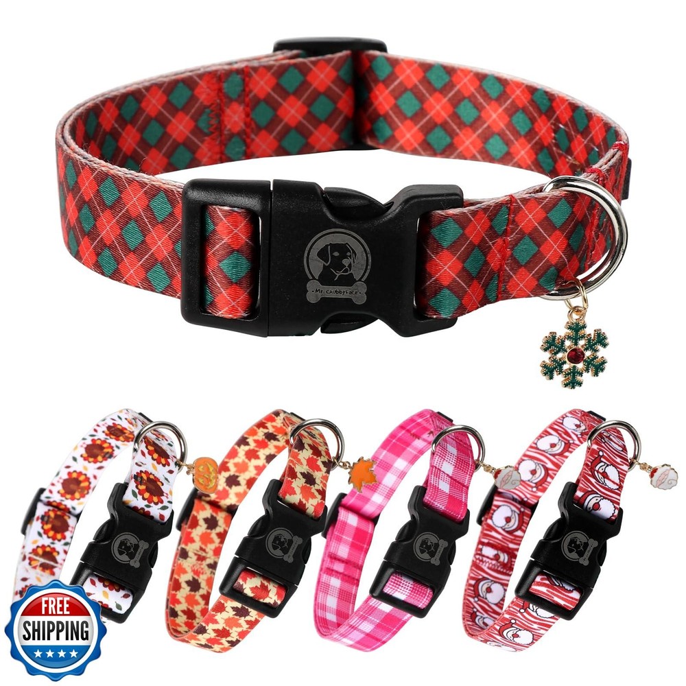 Festive MR. CHUBBYFACE Red Plaid Adjustable Christmas Dog Collar for Winter