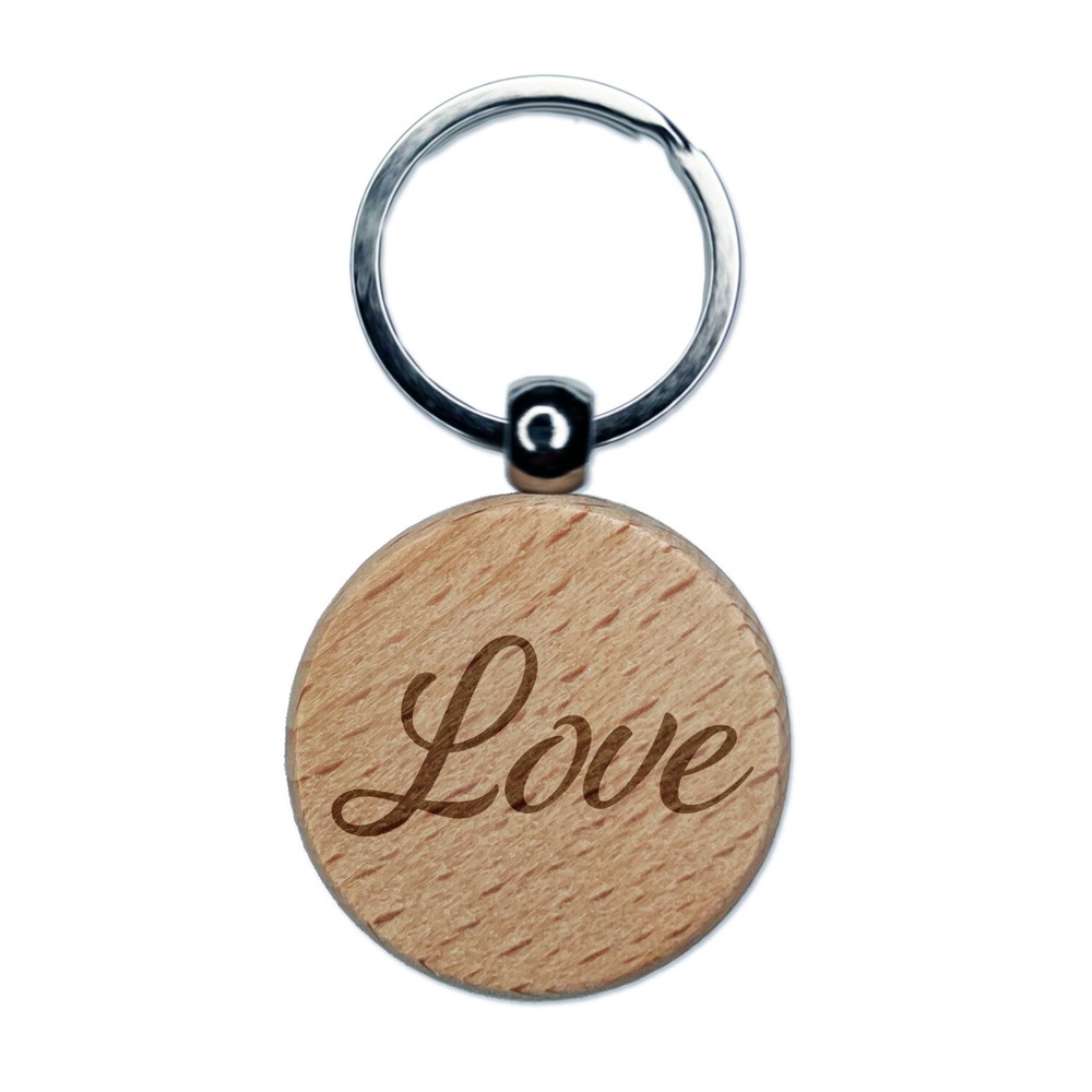 Love Cursive Text Engraved Wood Round Keychain Tag Charm