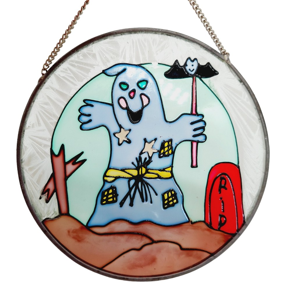 Halloween Stained Glass Ghost Bat Gravestone Suncatcher Round READ