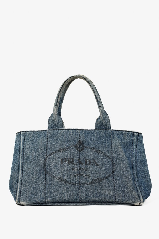 Prada Avio Denim Canapa Logo Tote Bag