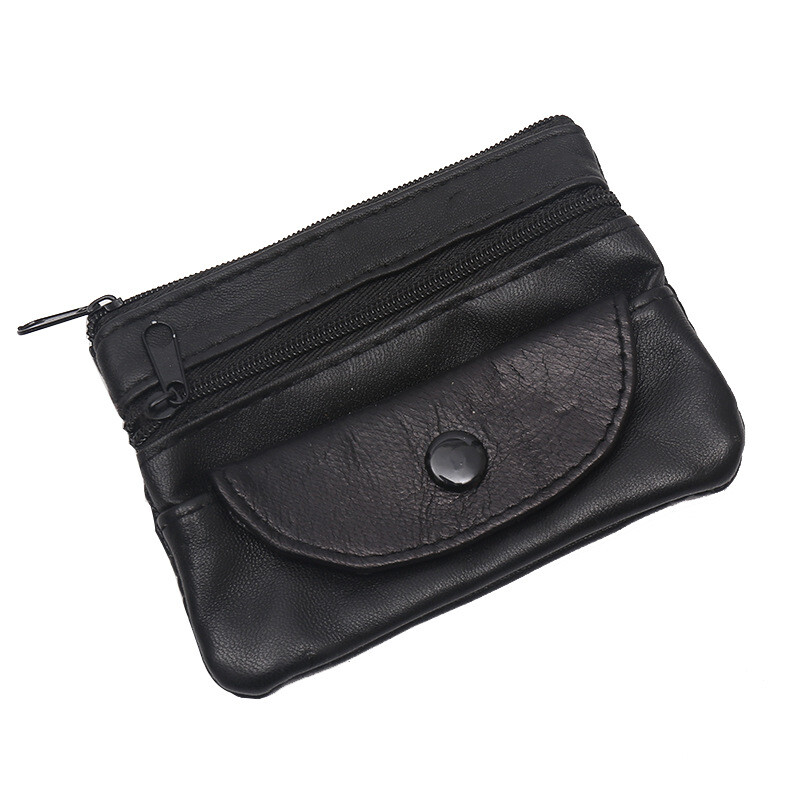 Black Leather Zipper Coin Purse - Portable Small Clutch Neutral