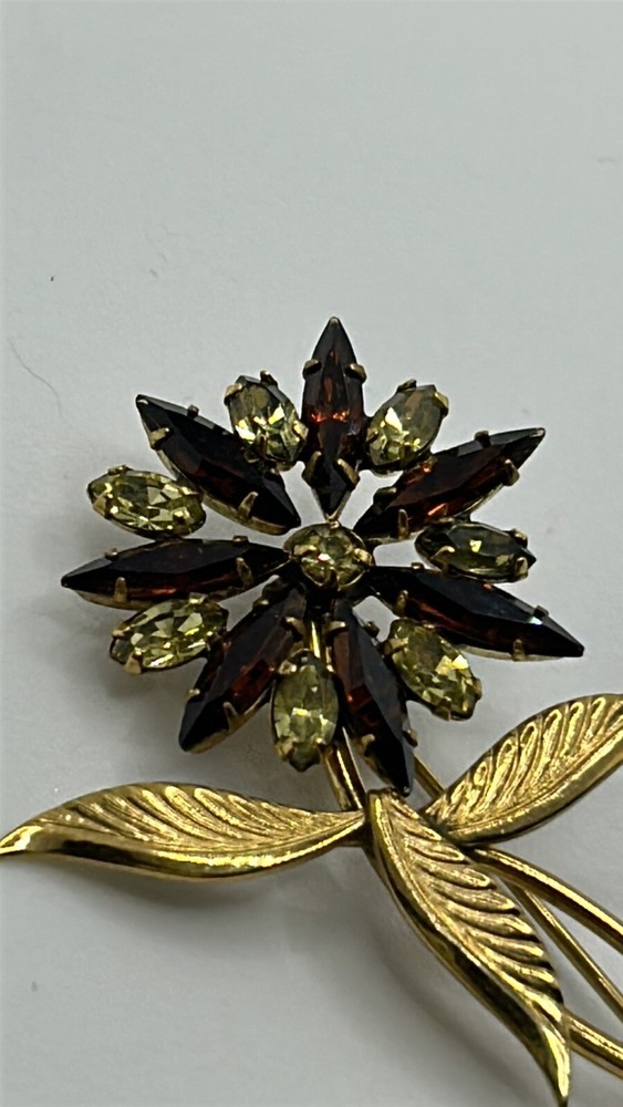 Vintage TRU-KAY Brown Green Rhinestone Floral Brooch Pin Estate Jewelry