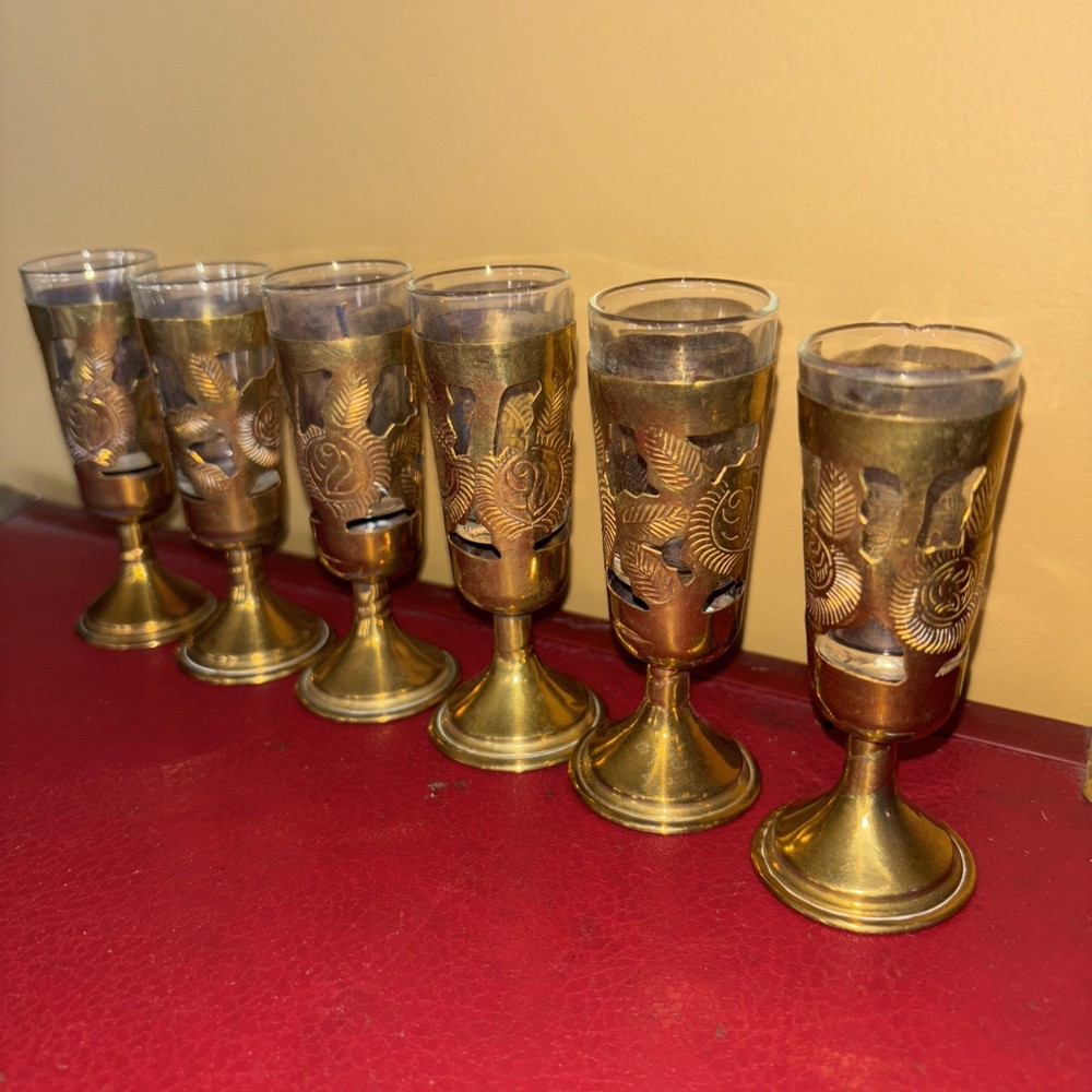 6 Brass Mexican Overlay Shot Glasses- Antique