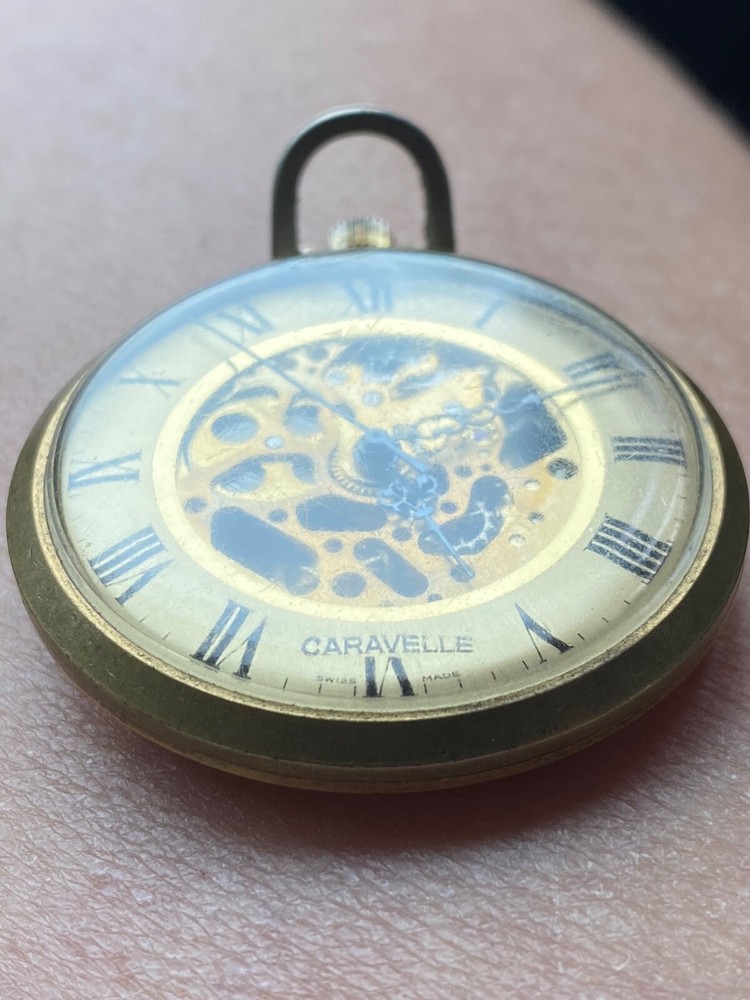 Vintage Caravelle Skeleton Pocket Watch with Exposed Movement