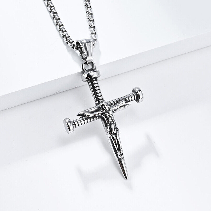 Men Nail Cross Necklace Stainless Steel Jesus Pendant Chain for Boys Women