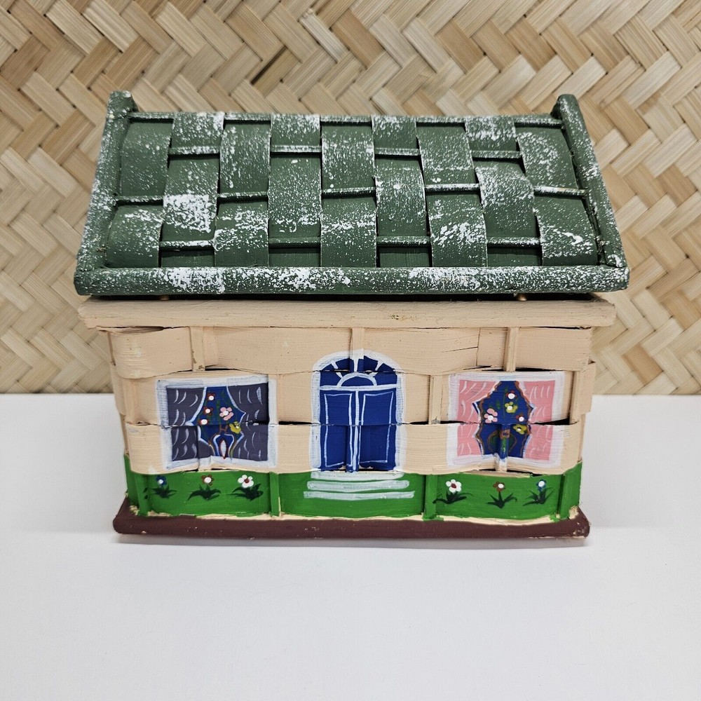 HAND PAINTED Vintage Weave Wicker Box House Shaped Hinged 6