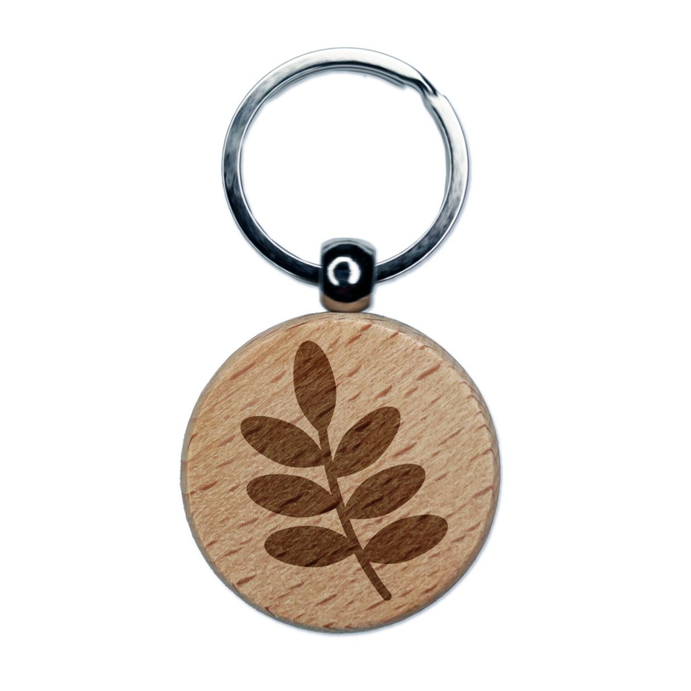 Leaf Branch Solid Engraved Wood Round Keychain Tag Charm