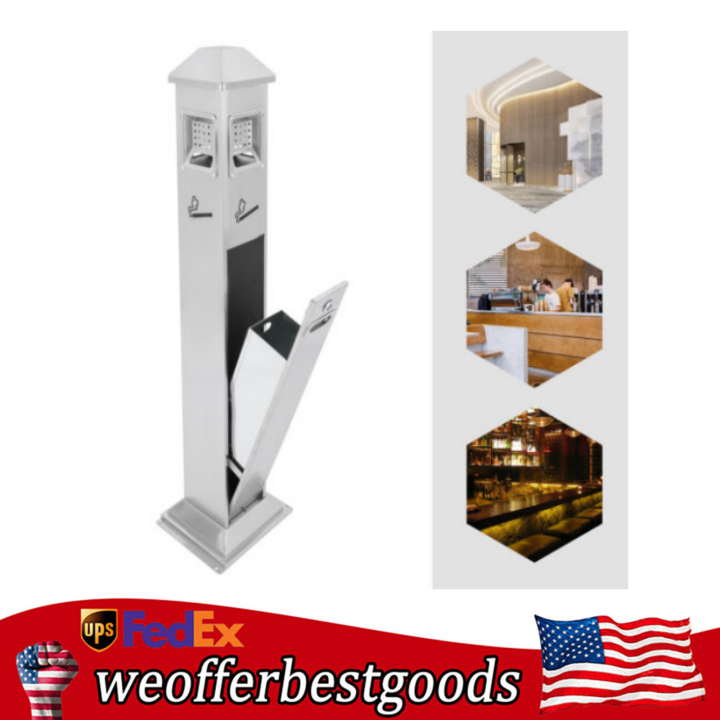 Metal Vertical Trash Bin Cigarette Butts Ash Outdoor Trash Can Container Silver