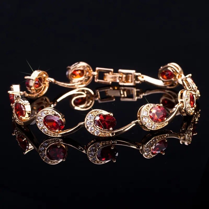 15ctw Lab Created Oval Red Garnet & Diamond 14K Rose Gold Plated Tennis Bracelet